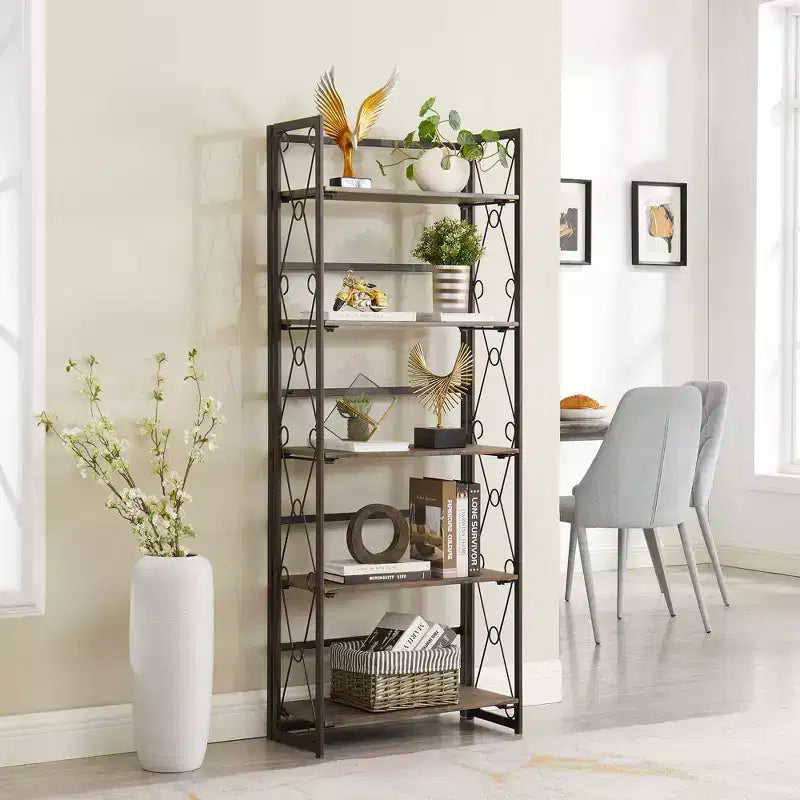 Étagère pliante VECELO, bibliothèque à 5 niveaux, organisateur de rangement industriel pour salon, marron/noyer/marron antique
