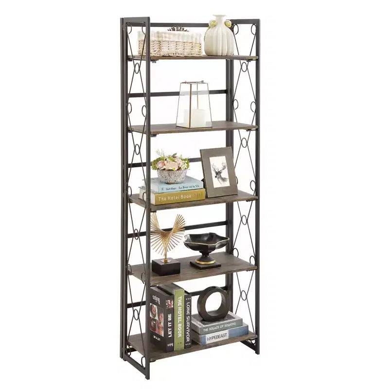 Étagère pliante VECELO, bibliothèque à 5 niveaux, organisateur de rangement industriel pour salon, marron/noyer/marron antique