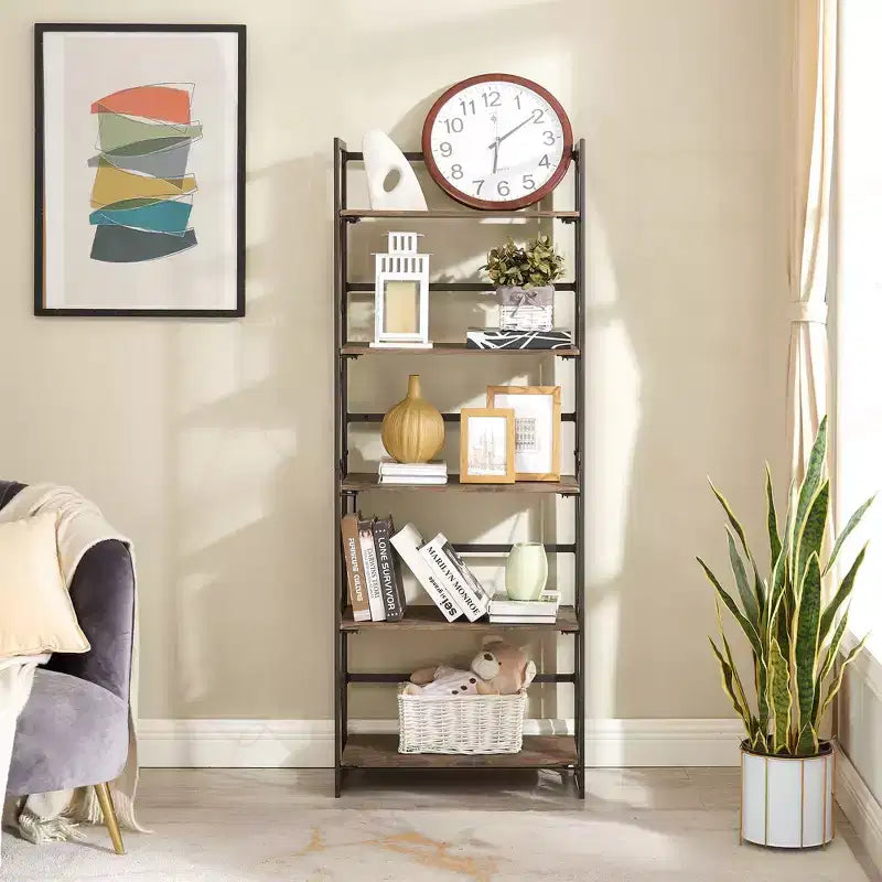 Étagère pliante VECELO, bibliothèque à 5 niveaux, organisateur de rangement industriel pour salon, marron/noyer/marron antique