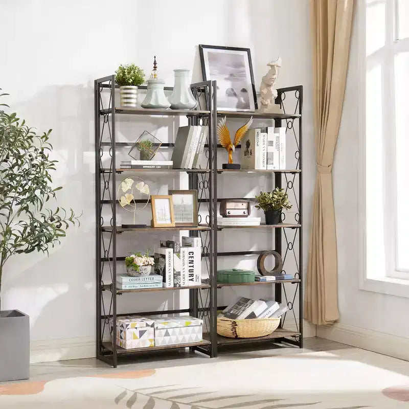 Étagère pliante VECELO, bibliothèque à 5 niveaux, organisateur de rangement industriel pour salon, marron/noyer/marron antique