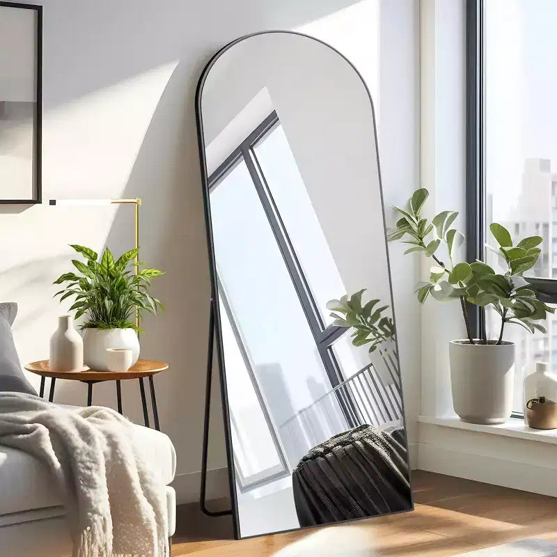 Grand miroir de sol à angle droit : 70,2x31,2, design en bois sculpté, noir, pleine longueur, support inclus