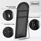 Grand miroir de sol à angle droit : 70,2x31,2, design en bois sculpté, noir, pleine longueur, support inclus