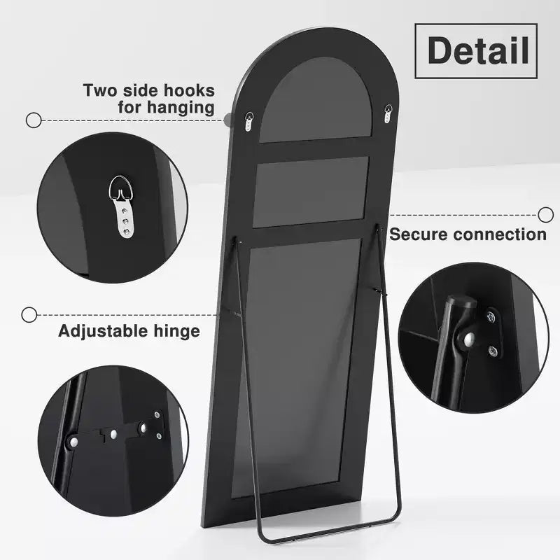 Grand miroir de sol à angle droit : 70,2x31,2, design en bois sculpté, noir, pleine longueur, support inclus