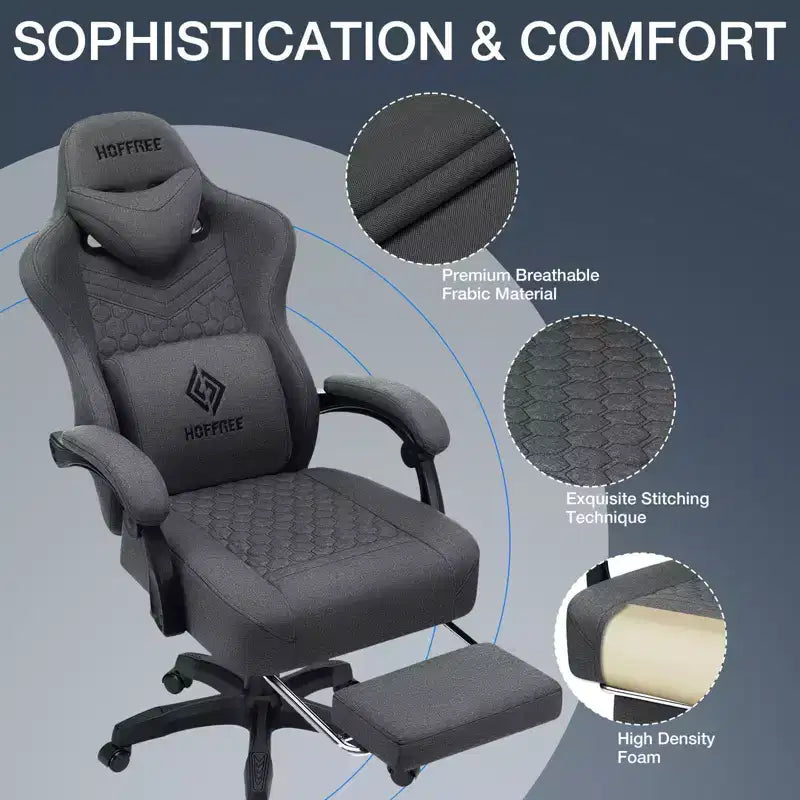 Chaise de jeu massante Hoffree en tissu respirant Chaise de bureau PC ergonomique avec repose-pieds et réglable