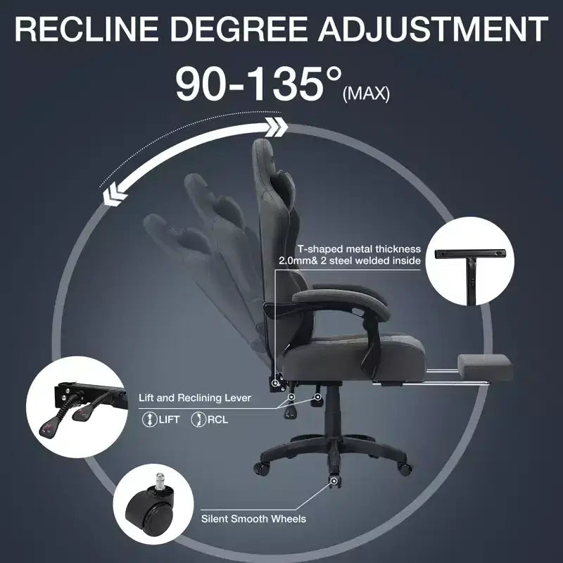 Chaise de jeu massante Hoffree en tissu respirant Chaise de bureau PC ergonomique avec repose-pieds et réglable