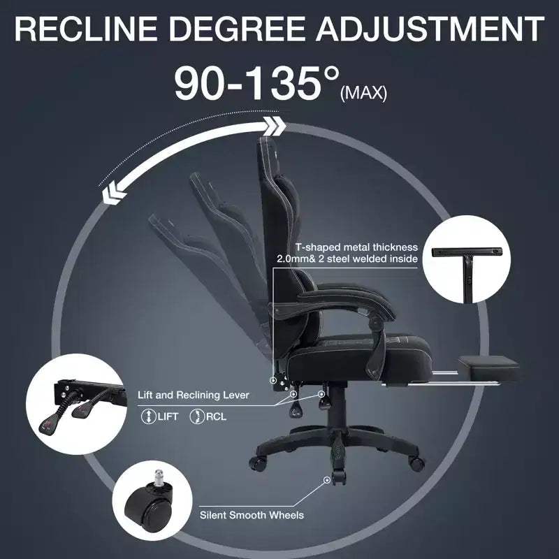Chaise de jeu massante Hoffree en tissu respirant Chaise de bureau PC ergonomique avec repose-pieds et réglable