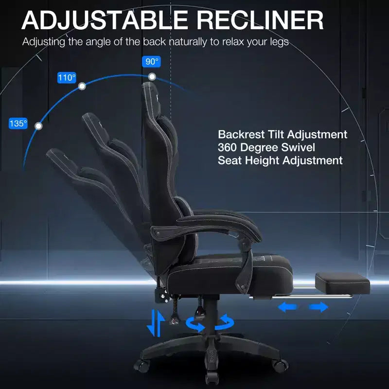 Chaise de jeu massante Hoffree en tissu respirant Chaise de bureau PC ergonomique avec repose-pieds et réglable