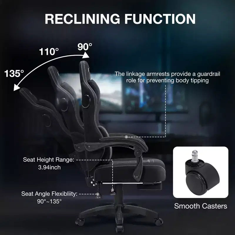 Hoffree Chaise de massage de jeu en tissu respirant Chaise de bureau PC ergonomique avec haut-parleur Bluetooth et repose-pieds