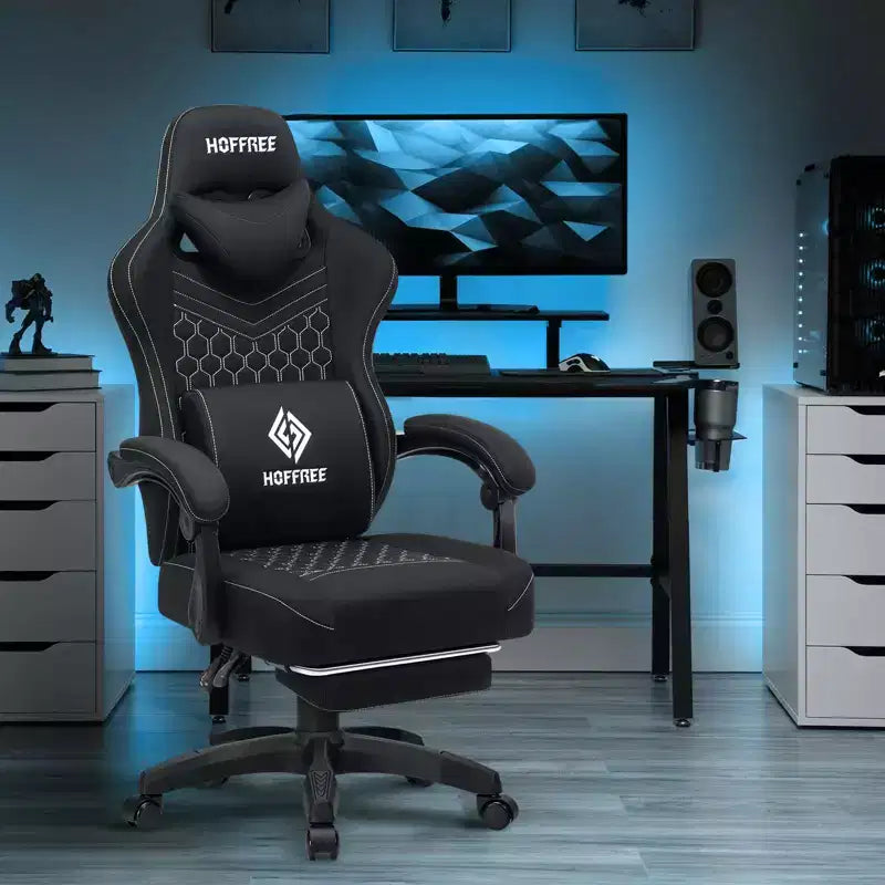 Hoffree Chaise de massage de jeu en tissu respirant Chaise de bureau PC ergonomique avec haut-parleur Bluetooth et repose-pieds