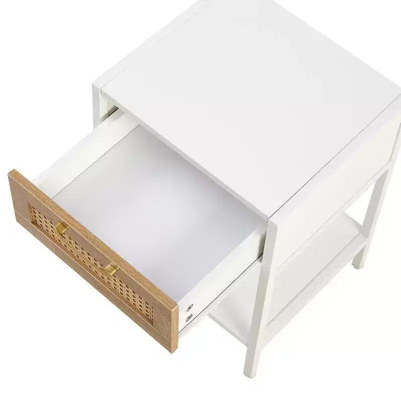 Mayeerty 15.74 Table d'appoint en rotin avec tiroir, table de chevet moderne, pieds en métal, table d'appoint pour salon, chambre à coucher, blanc