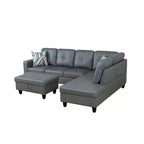 Canapé sectionnel gris foncé en similicuir PU - Design moderne en L, coussins capitonnés, oreillers décoratifs, pouf de rangement