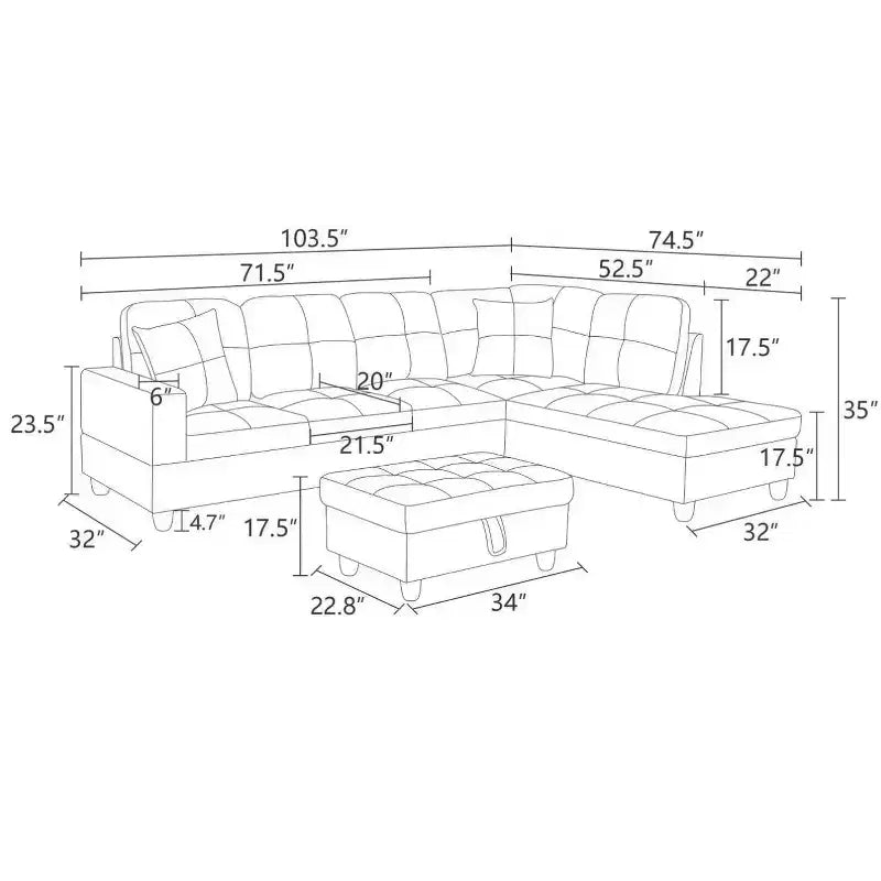 Canapé d'angle moderne en cuir synthétique - Grande forme en L, coussins moelleux, pouf de rangement, mobilier de salon contemporain