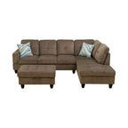 Canapé sectionnel en tissu marron avec méridienne et pouf de rangement – Confort et style modernes