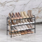 LEDREM Shoe Rack, 3-Tier Shoe Organizer, Metal Shoe Shelf Storage with 4 Side Hooks, Height-Adjustable Shoe Rack , Closet, 11D x 33.5W x 20.8H