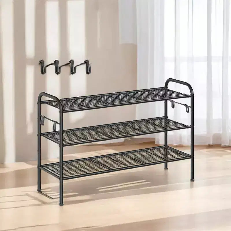 Étagère à chaussures LEDREM, meuble de rangement à chaussures à 3 niveaux, étagère à chaussures en métal avec 4 crochets latéraux, étagère à chaussures réglable en hauteur, pour placard, 27,9 P x 85,1 L x 52,8 H cm