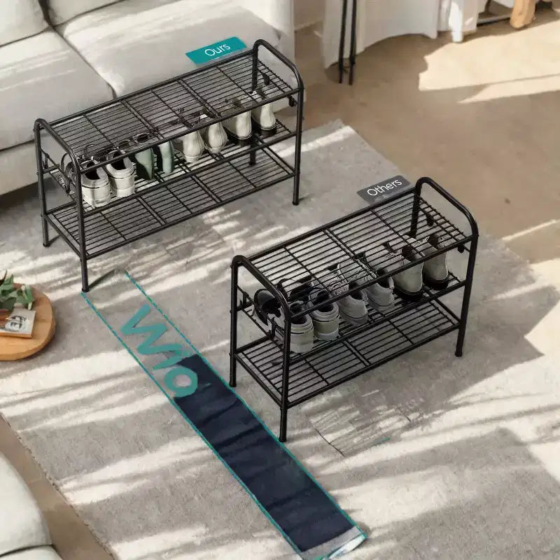 Étagère à chaussures LEDREM, meuble de rangement à chaussures à 3 niveaux, étagère à chaussures en métal avec 4 crochets latéraux, étagère à chaussures réglable en hauteur, pour placard, 27,9 P x 85,1 L x 52,8 H cm