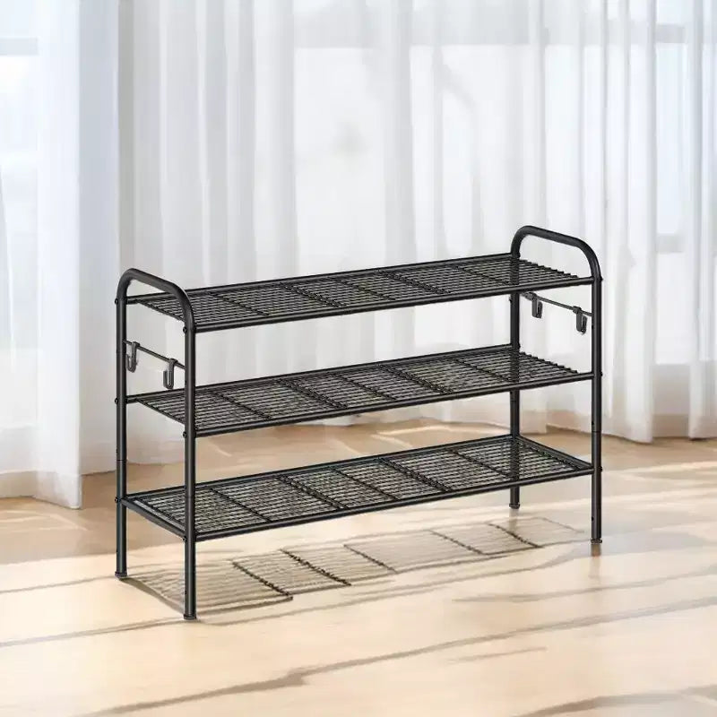 Étagère à chaussures LEDREM, meuble de rangement à chaussures à 3 niveaux, étagère à chaussures en métal avec 4 crochets latéraux, étagère à chaussures réglable en hauteur, pour placard, 27,9 P x 85,1 L x 52,8 H cm
