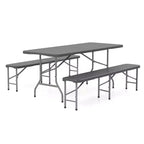 Ensemble de table de pique-nique pliante Costway 3 pièces avec table de 1,8 m et 2 bancs en PEHD, plateau aspect bois marron/gris
