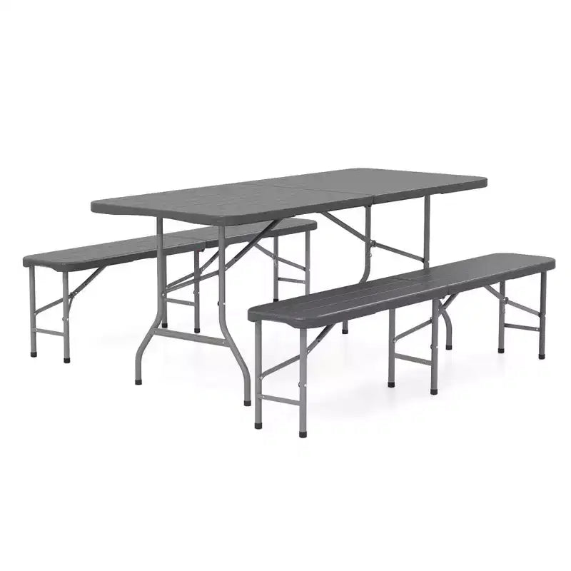 Ensemble de table de pique-nique pliante Costway 3 pièces avec table de 1,8 m et 2 bancs en PEHD, plateau aspect bois marron/gris