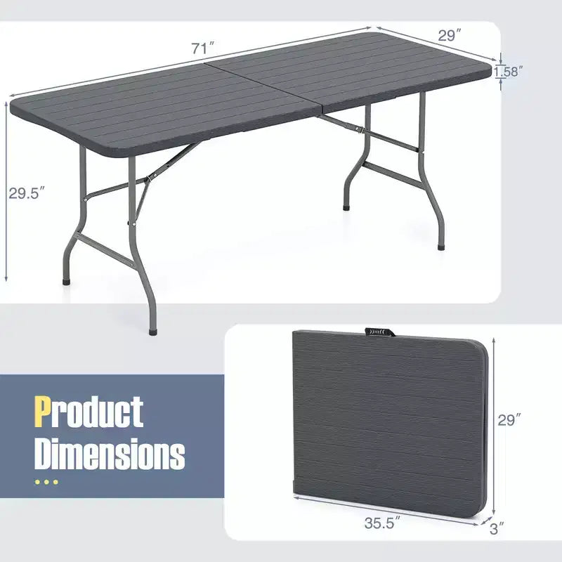 Ensemble de table de pique-nique pliante Costway 3 pièces avec table de 1,8 m et 2 bancs en PEHD, plateau aspect bois marron/gris