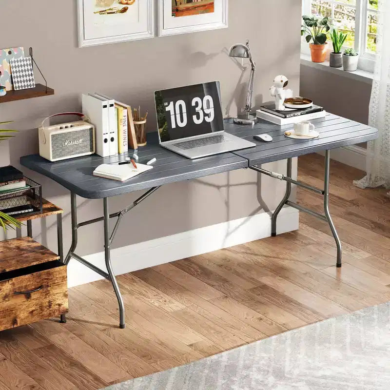 Ensemble de table de pique-nique pliante Costway 3 pièces avec table de 1,8 m et 2 bancs en PEHD, plateau aspect bois marron/gris