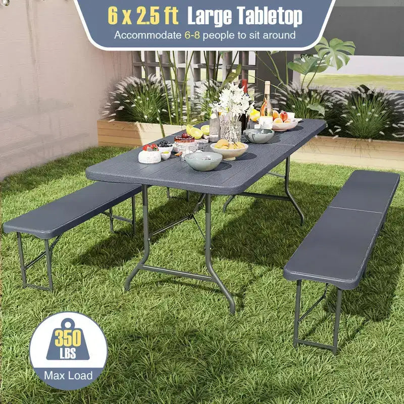 Ensemble de table de pique-nique pliante Costway 3 pièces avec table de 1,8 m et 2 bancs en PEHD, plateau aspect bois marron/gris