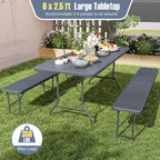 Ensemble de table de pique-nique pliante Costway 3 pièces avec table de 1,8 m et 2 bancs en PEHD, plateau aspect bois marron/gris