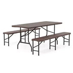 Ensemble de table de pique-nique pliante Costway 3 pièces avec table de 1,8 m et 2 bancs en PEHD, plateau aspect bois marron/gris