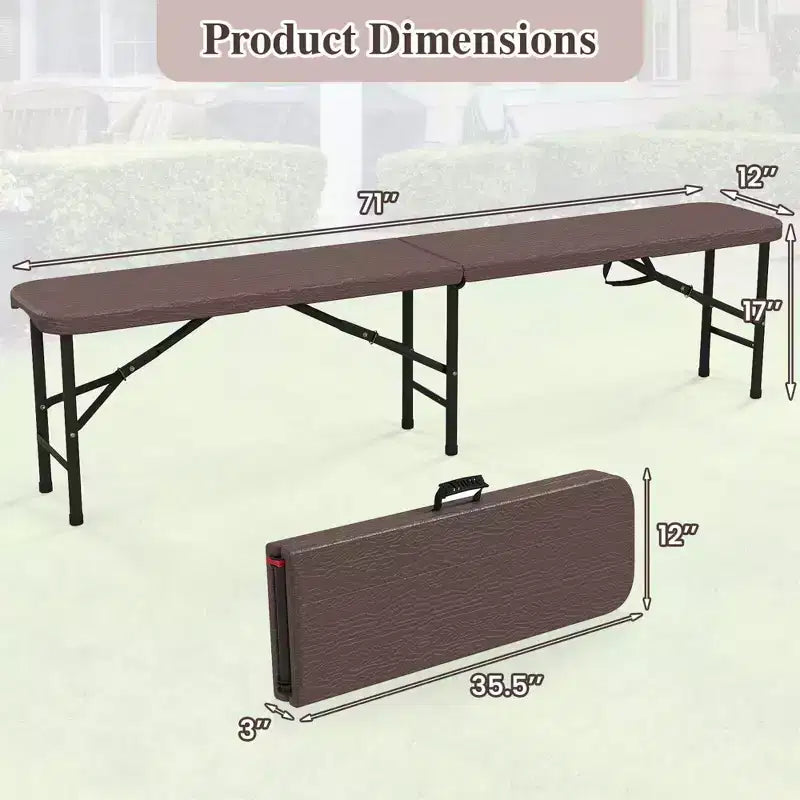 Ensemble de table de pique-nique pliante Costway 3 pièces avec table de 1,8 m et 2 bancs en PEHD, plateau aspect bois marron/gris