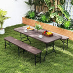 Ensemble de table de pique-nique pliante Costway 3 pièces avec table de 1,8 m et 2 bancs en PEHD, plateau aspect bois marron/gris