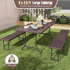 Ensemble de table de pique-nique pliante Costway 3 pièces avec table de 1,8 m et 2 bancs en PEHD, plateau aspect bois marron/gris