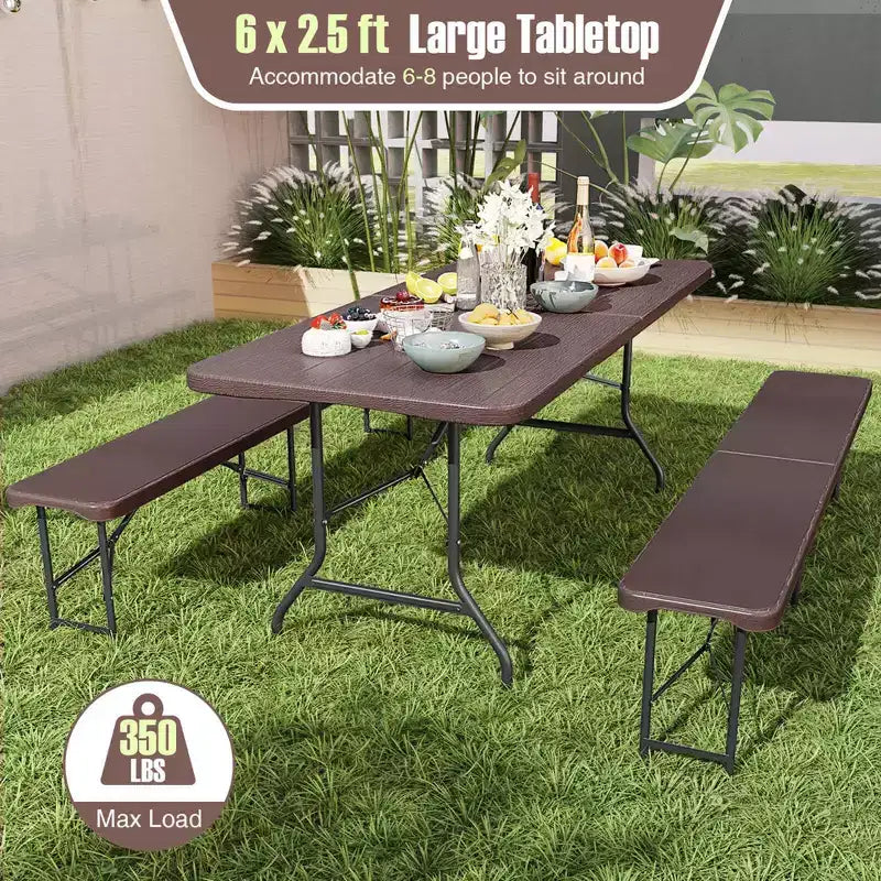 Ensemble de table de pique-nique pliante Costway 3 pièces avec table de 1,8 m et 2 bancs en PEHD, plateau aspect bois marron/gris