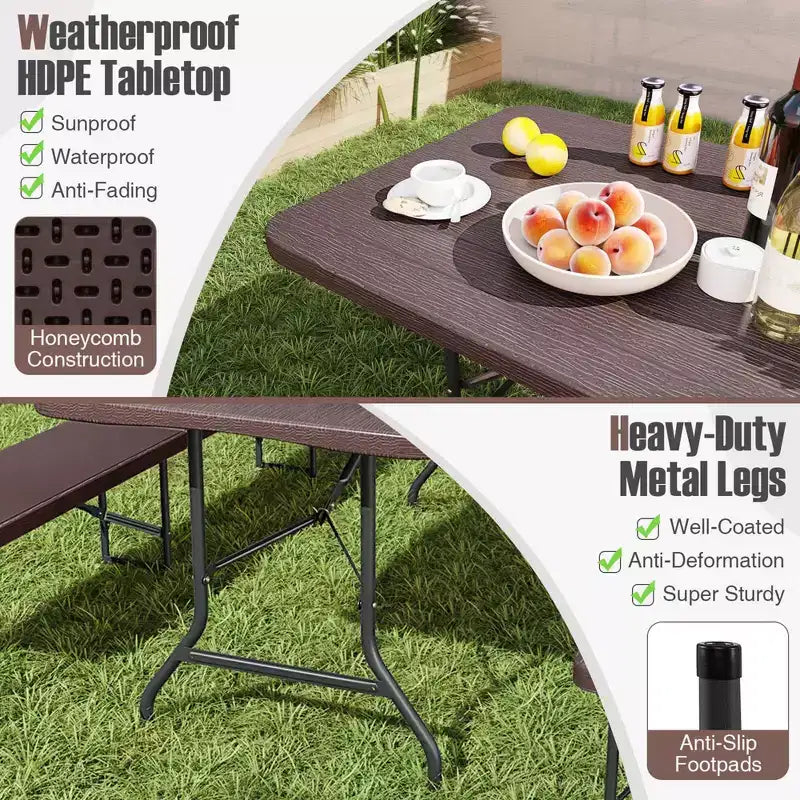 Ensemble de table de pique-nique pliante Costway 3 pièces avec table de 1,8 m et 2 bancs en PEHD, plateau aspect bois marron/gris