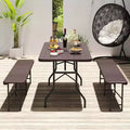 Costway 3 PCS Folding Picnic Table Set with 6 ft Table & 2 Benches HDPE Wood-Like Tabletop Brown/Gray