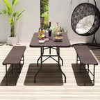 Costway 3 PCS Folding Picnic Table Set with 6 ft Table & 2 Benches HDPE Wood-Like Tabletop Brown/Gray