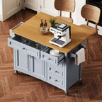52 Îlot de cuisine texturé en relief bleu avec rabat, chariot de rangement de cuisine avec étagère réglable pour cuisine salle à manger
