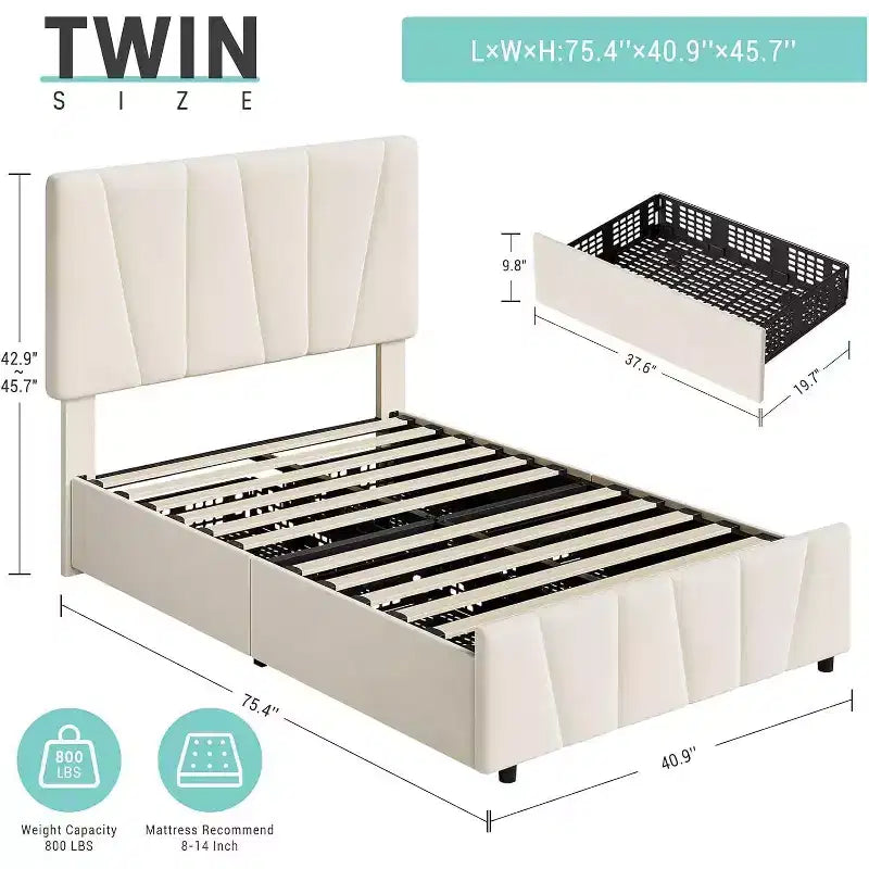 Cadre de lit double avec tête de lit réglable et 2 tiroirs de rangement, cadre de lit plateforme tapissé avec support à lattes en bois