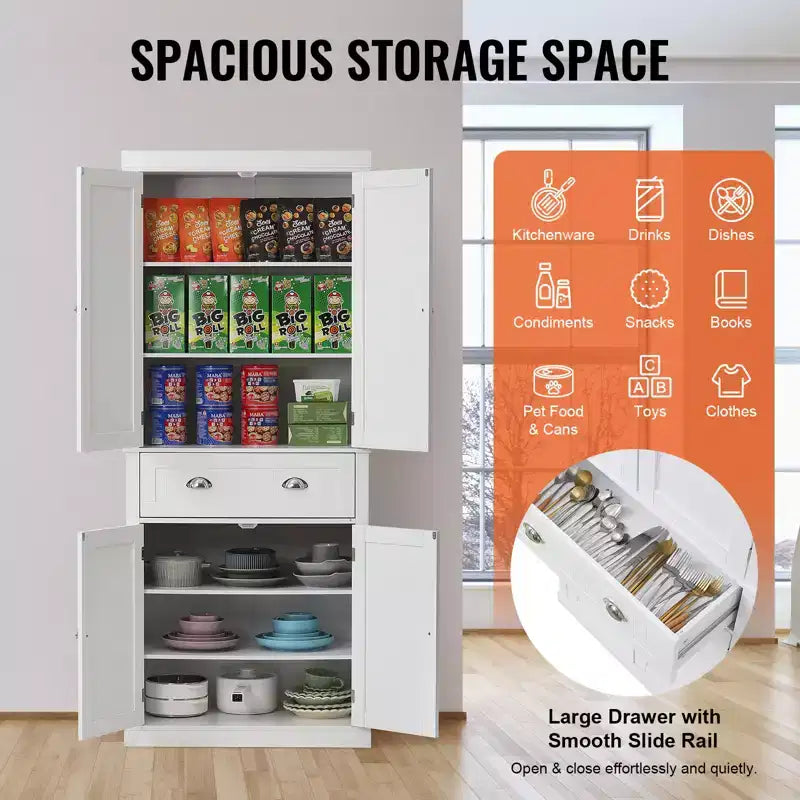 Armoire de rangement de cuisine VEVOR 72, armoires utilitaires autoportantes avec portes, tiroir et 3 étagères réglables, buffets de rangement, blanc