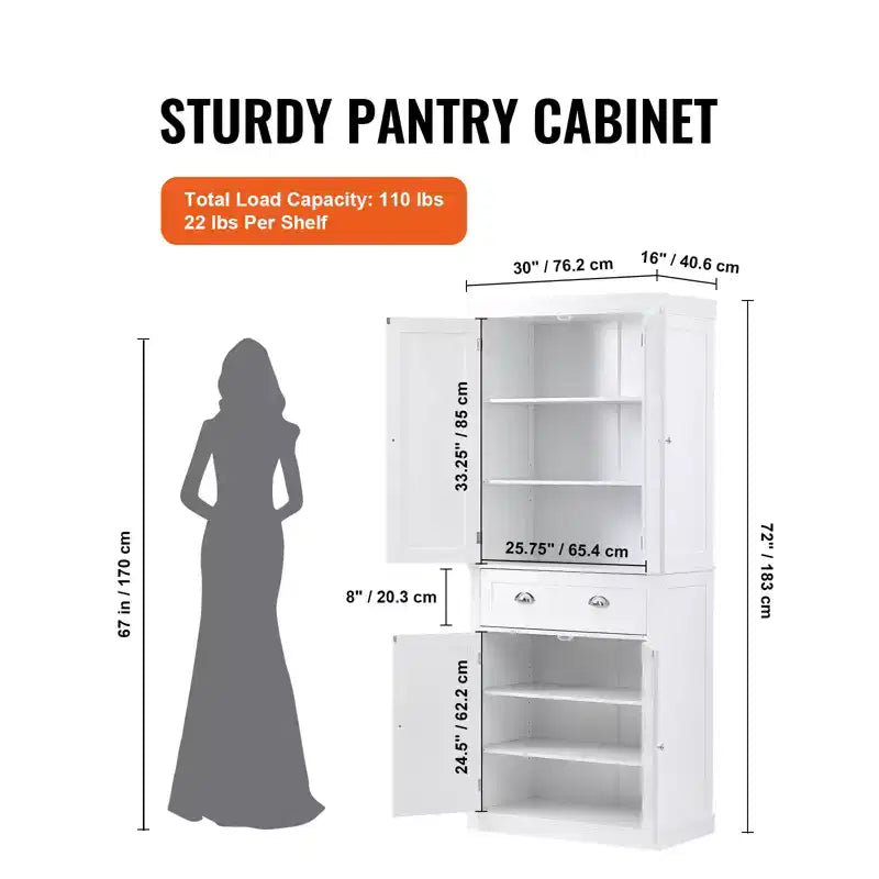 Armoire de rangement de cuisine VEVOR 72, armoires utilitaires autoportantes avec portes, tiroir et 3 étagères réglables, buffets de rangement, blanc