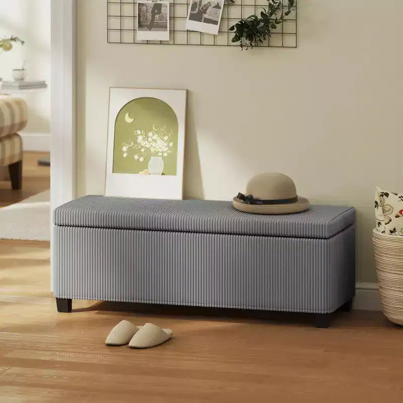 HOMCOM Banc de rangement 112 cm, Repose-pieds en velours côtelé, Bout de lit avec couvercle, Pieds, Coffre de rangement pour salon, chambre, entrée, Gris