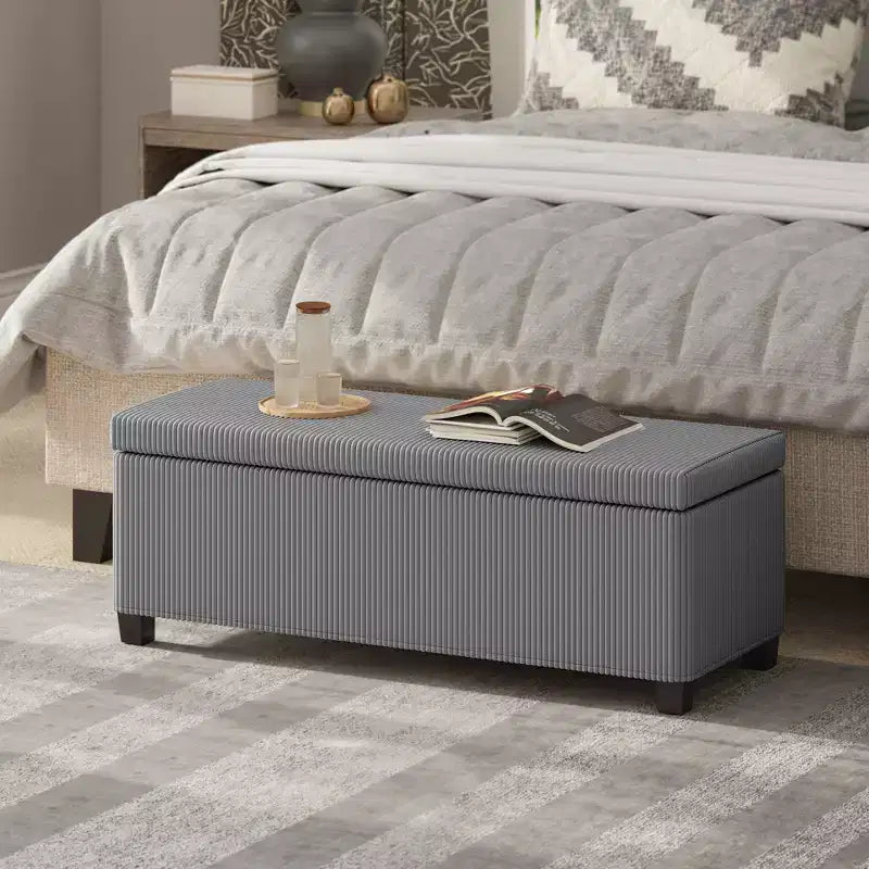 HOMCOM Banc de rangement 112 cm, Repose-pieds en velours côtelé, Bout de lit avec couvercle, Pieds, Coffre de rangement pour salon, chambre, entrée, Gris