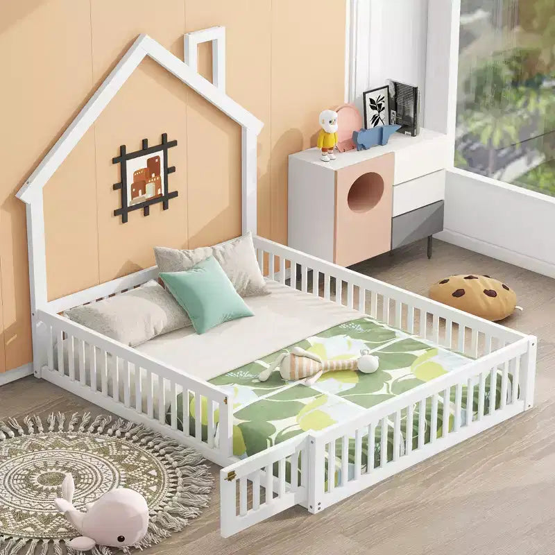 Whisen Wood Full Size House Platform Bed with Guardrail