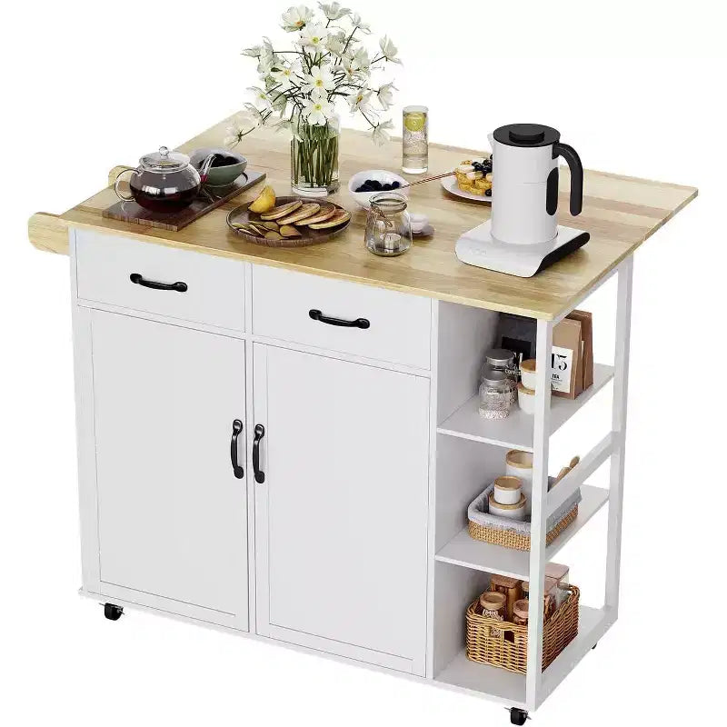 Table îlot de cuisine avec plateau en bois 43W, 2 armoires à portes, 2 tiroirs de rangement, porte-épices