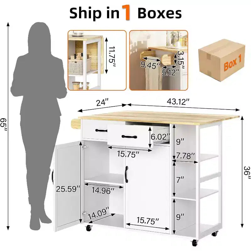 Table îlot de cuisine avec plateau en bois 43W, 2 armoires à portes, 2 tiroirs de rangement, porte-épices