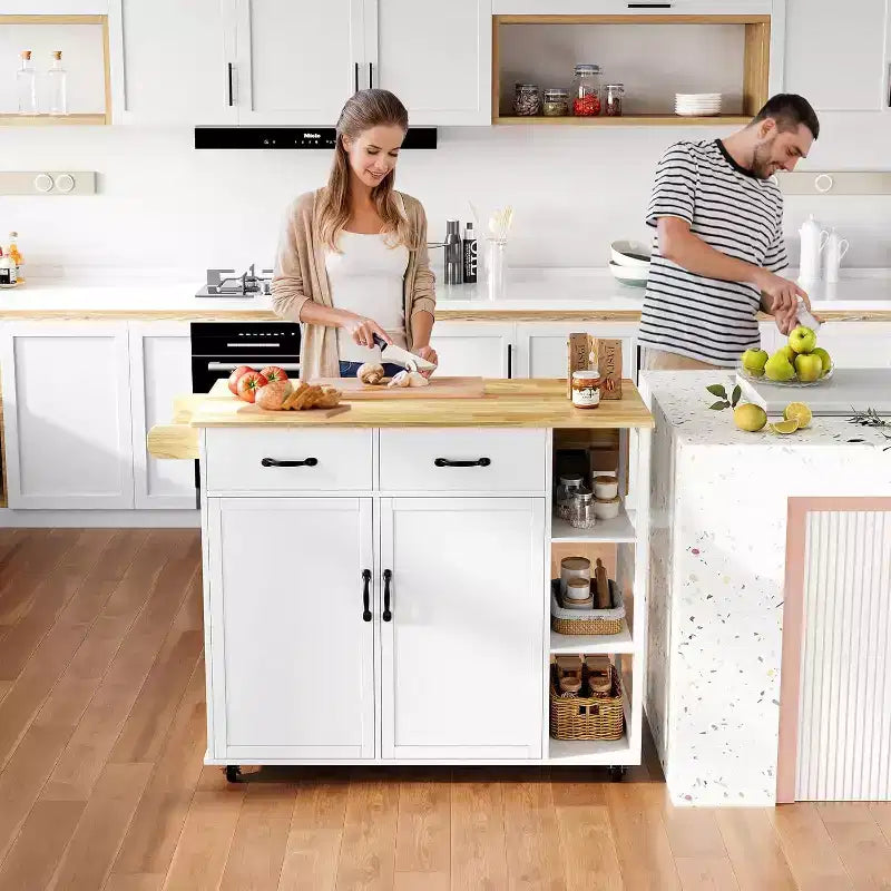Table îlot de cuisine avec plateau en bois 43W, 2 armoires à portes, 2 tiroirs de rangement, porte-épices
