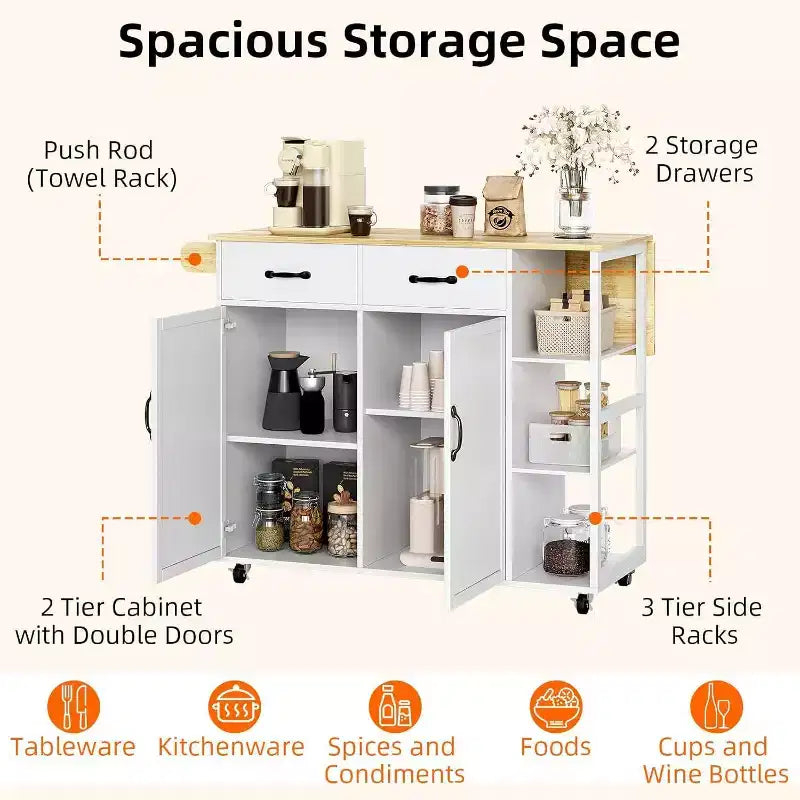 Table îlot de cuisine avec plateau en bois 43W, 2 armoires à portes, 2 tiroirs de rangement, porte-épices