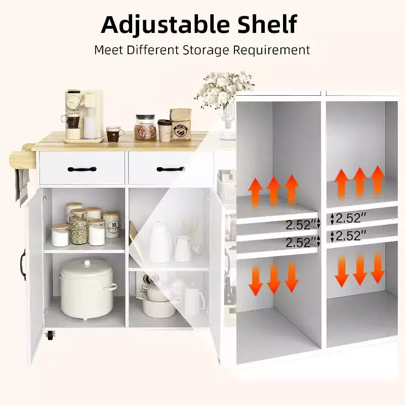 Table îlot de cuisine avec plateau en bois 43W, 2 armoires à portes, 2 tiroirs de rangement, porte-épices