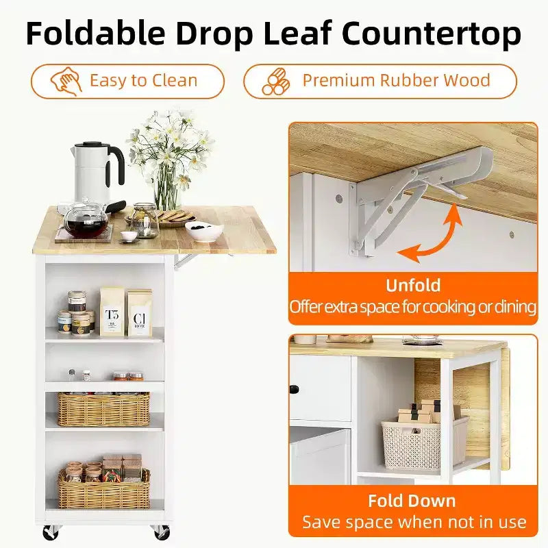 Table îlot de cuisine avec plateau en bois 43W, 2 armoires à portes, 2 tiroirs de rangement, porte-épices