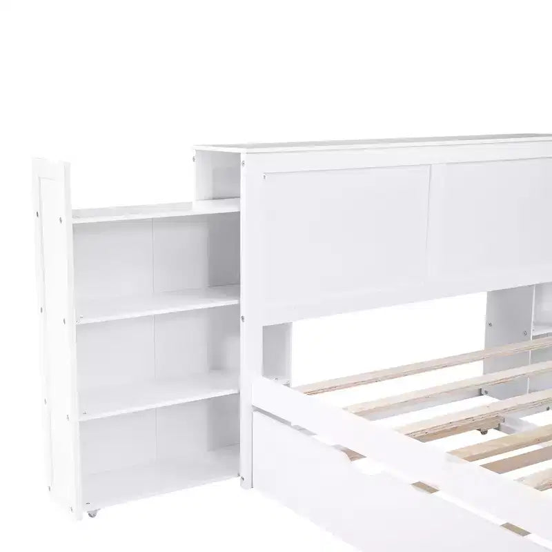 Lit plateforme Whisen avec étagères coulissantes et lit gigogne simple - Blanc