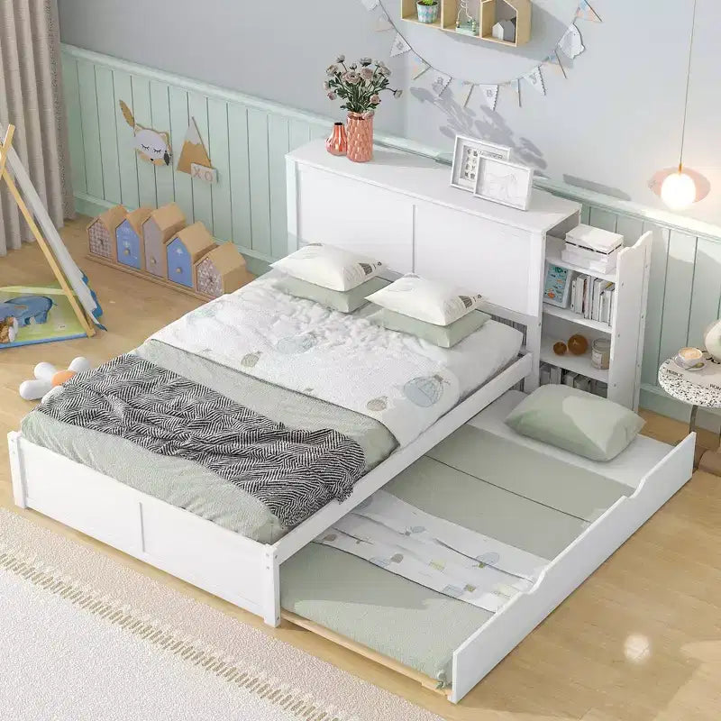 Lit plateforme Whisen avec étagères coulissantes et lit gigogne simple - Blanc
